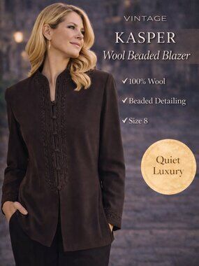Kasper Vintage Wool Beaded Blazer Brown Mandarin Collar Jacket Womens 8 Classic